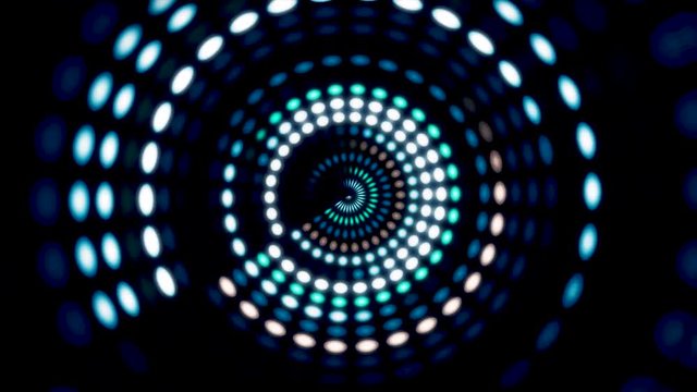 Glowing circular 3D UI element. Illuminated geometric circle and sphere shapes transforming in a seamless loop. Circular glow animation