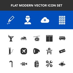 Modern, simple vector icon set with boat, chocolate, ship, rail, drink, add, summer, guitar, office, sea, pen, dental, vessel, dentist, cocktail, food, travel, dentistry, glass, cloud, plane icons