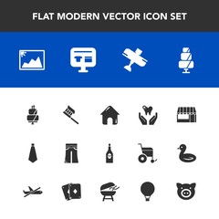 Fototapeta premium Modern, simple vector icon set with pants, grocery, business, frame, woman, dental, food, travel, drink, ecommerce, elegant, airplane, aircraft, building, wine, dessert, supermarket, female, tie icons