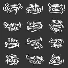 Vector hand drawn set with lettering about Summer. Isolated calligraphy for travel agency, beach party. Great design for postcard, print or poster.