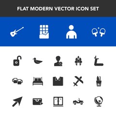 Modern, simple vector icon set with globe, rocket, music, security, game, space, person, animal, bedroom, bird, wildlife, technology, dessert, fashion, male, chocolate, sport, clothing, fitness icons