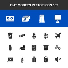 Modern, simple vector icon set with concept, woman, waste, heart, travel, sound, file, cardiology, casette, volume, plane, recycling, cake, medicine, music, aircraft, cream, mute, lifestyle, pc icons