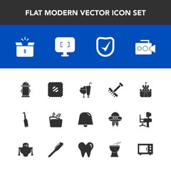 Modern, simple vector icon set with food, notification, box, fire, security, brush, rake, sweet, plastic, stamp, sand, safety, handle, autumn, dessert, hydrant, film, container, letter, mail icons