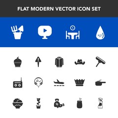 Modern, simple vector icon set with roller, bottle, home, spray, jacket, sweet, table, white, radio, pie, clothing, percussion, travel, water, cake, food, mark, danger, plastic, plane, brush icons