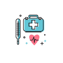 The thermometer and doctor's bag style flat. Vector icon