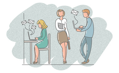 Men and women in the office work with laptops. Vector illustration in cartoon style, flat.