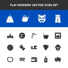 Modern, simple vector icon set with sweet, auto, radio, woman, people, concrete, hygiene, communication, food, construction, fashion, tower, cat, wheel, shower, pie, kitty, pants, mixer, water icons