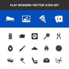 Fototapeta premium Modern, simple vector icon set with pan, dinner, sofa, kitchen, holiday, coffee, play, mask, frame, lunch, repair, spring, game, music, decoration, industrial, background, couch, food, picture icons