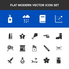 Modern, simple vector icon set with happy, curtain, business, flight, boot, winner, helicopter, kite, footwear, dessert, kid, sweet, summer, award, joy, library, achievement, soap, rainy, dental icons