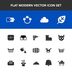 Modern, simple vector icon set with leaf, work, fiction, drawer, toy, business, store, infant, power, music, ufo, nature, drill, natural, basket, footwear, fashion, alien, leather, cup, monster icons