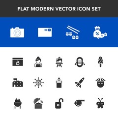 Modern, simple vector icon set with wheel, website, camera, decoration, seafood, sweet, travel, architecture, technology, salmon, artist, sailboat, communication, fish, art, fire, internet, city icons