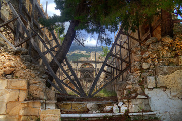 The ancient ruin of the monastery of Sisia on Cephalonia, heavily damaged by the 1953 earthquake,...