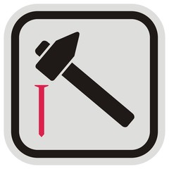 hammer and nail, vector icon, button, black and gray frame