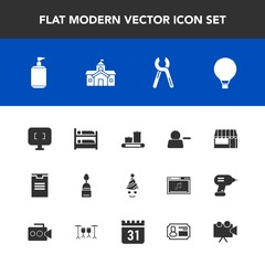 Modern, simple vector icon set with soap, supermarket, delivery, reparation, technology, tool, delete, fun, hotel, clown, doughnut, dessert, service, travel, market, food, sky, sweet, luggage icons