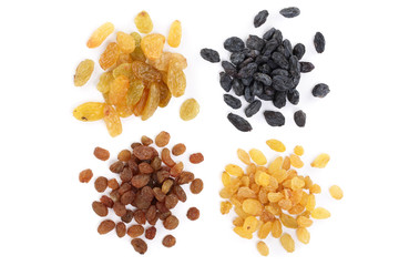 Collection of raisins isolated on a white background. Top view. Flat lay