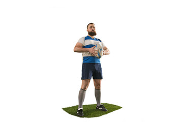 The silhouette of one caucasian rugby man player isolated on white background