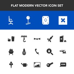 Modern, simple vector icon set with play, message, celebration, communication, photo, hook, chat, book, speech, sign, holiday, drink, interior, closed, brochure, food, vegetable, flag, game, cup icons