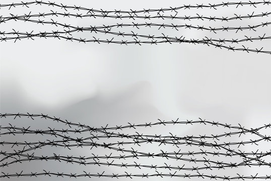 Barbed wire fencing. Fence made of wire with spikes. Black and white illustration to the holocaust. Console camp.