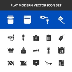 Modern, simple vector icon set with bin, business, water, clean, king, jam, trash, recycling, flashlight, sea, mask, garbage, house, lamp, can, background, glass, white, jar, song, karaoke, care icons