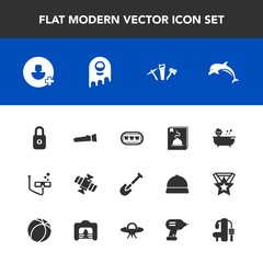 Modern, simple vector icon set with orbit, shovel, flashlight, gym, sport, technology, lamp, white, add, equipment, nature, planet, dolphin, kid, wildlife, light, repair, fiction, security, bath icons