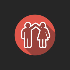 Elegant Universal White Minimalistic Thin Line Couple Holding Hands Icon with Shadows on Circular Color Button on Black Background 