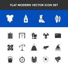 Modern, simple vector icon set with ice, star, gift, restaurant, dessert, milk, waiter, cooler, file, food, document, picture, bottle, clothes, nutrition, spring, clothing, space, universe, baby icons