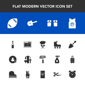 Modern, simple vector icon set with fun, hour, sign, leisure, football, music, paint, game, team, beach, footwear, clock, guitar, flip, cut, time, skate, roll, basketball, musical, refrigerator icons