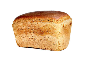 Brown brewed bread from a mixture of rye and wheat flour in the form of brick, isolated on white background