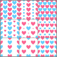 Pink and blue heats cimple seamless patterns set, vector