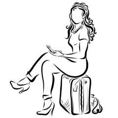 Beautiful lady in pants, with a cell phone, a suitcase and a handbag