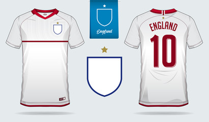 Naklejka premium Set of soccer jersey or football kit template design for England national football team. Front and back view soccer uniform. Football t shirt mock up. Vector Illustration