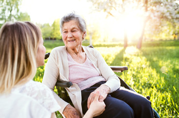 Elderly grandmother in wheelchair with granddaughter in spring nature.