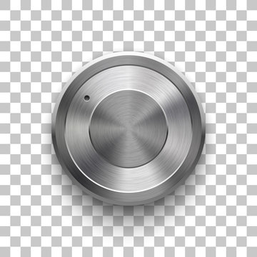 Audio volume knob, technology music button template, with metal circular brushed texture, chrome, silver, steel and realistic shadow for design concepts, web, interfaces, UI, apps. Vector Illustration