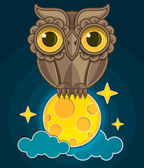 cartoon cute owl sitting on a moon