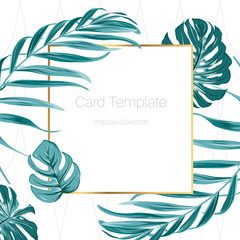 Rectangular square golden border frame decorated with fern greenery. Exotic tropical forest jungle green palm tree monstera leaves. Minimalistic simple clean card template with text placeholder.