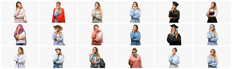 Cool woman, different professions thinking and looking up expressing doubt and wonder