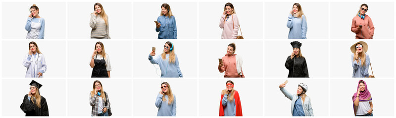 Cool woman, different professions happy talking using a smartphone mobile phone