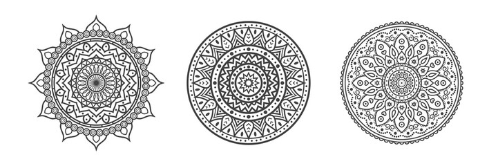 Set of High Quality Modern Decorative Oriental Black Mandala on White Background . Isolated Vector Elements
