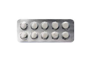 Tablets in blister package, on white background.