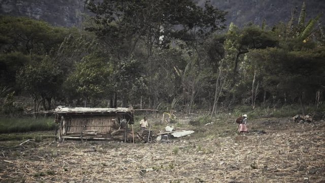 Peruvian family outside of their house in the bolivian forest. 4k