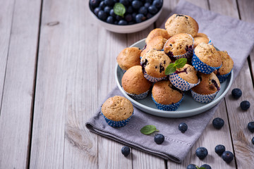 Blueberry muffins, healthy homemade dessert with berries, copy space background