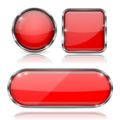 Set of 3d red glass buttons with metal frame