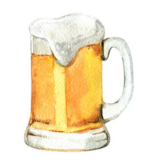 Glass of beer isolated on white background, watercolor illustration 