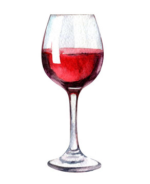Glass of red wine isolated on white background, watercolor illustration 