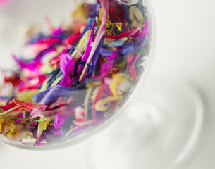Colorful flowers in glass, Many flowers in many colors are in clear glass, Close-up view of multicolored flowers
