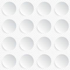 Modern seamless pattern in white circle buttons with shadows on transparent background, vector illustration.