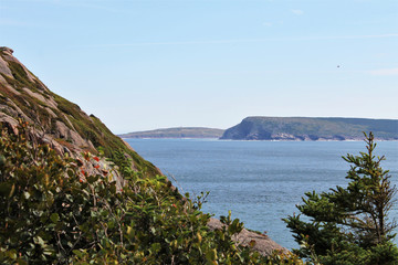 Looking across the ocean from the Signal Hill Trail to Cape Spear. The cliff side of Signal Hill in the foreground , St. John's Harbour, Freshwater Bay, Newfoundland.