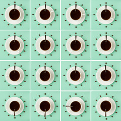 Coffee cup and roasted beans arranged as clock face on blue background, top view. Coffee time...