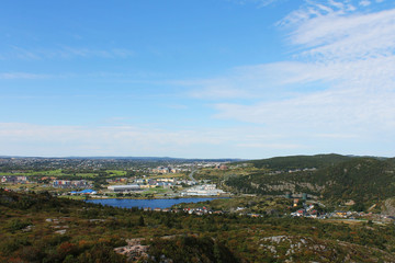 Panoramic view of coastline and east end of St. John's, including Quidi Vidi Village, Quidi Vidi Lake, and Pleasantville, St. John's, Newfoundland and Labrador, Canada