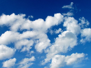 Fototapeta premium Blush blue sky with beautiful white clouds, summer sky photo. Stratocumulus, Cumulus mediocris, weather forecast.